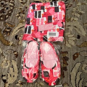 Victoria's Secret Red & Pink Cotton Pajama Bottoms with matching tote & slippers